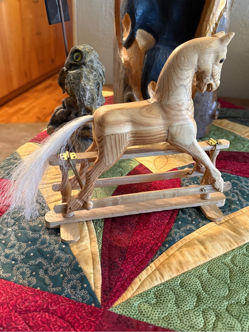 Vintage Handcrafted Wooden Rocking Horse Figurine - Natural Wood Folk Art